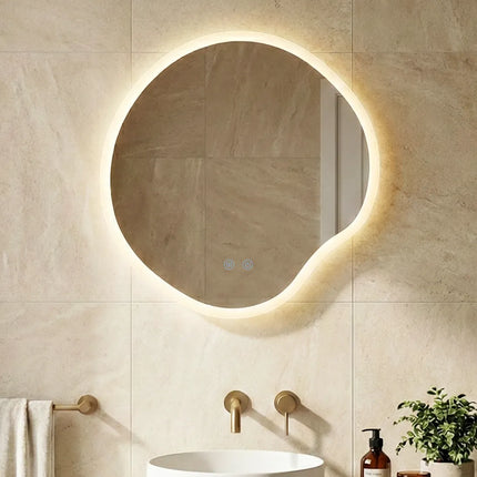 Oglindă baie LED 80x80 cm cu formă neregulată, 3 nuanțe de lumină, anti-aburire și touch control J-3018