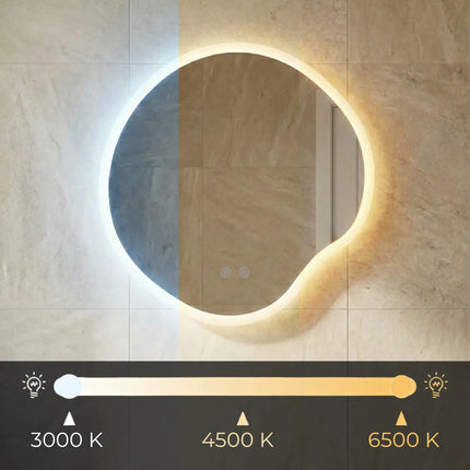 Oglindă baie LED 80x80 cm cu formă neregulată, 3 nuanțe de lumină, anti-aburire și touch control J-3018