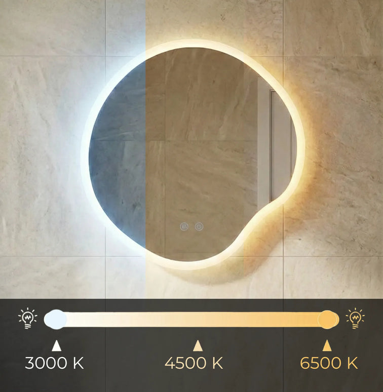 Oglindă baie LED 80x80 cm cu formă neregulată, 3 nuanțe de lumină, anti-aburire și touch control J-3018