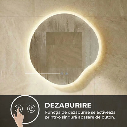 Oglindă baie LED 80x80 cm cu formă neregulată, 3 nuanțe de lumină, anti-aburire și touch control J-3018