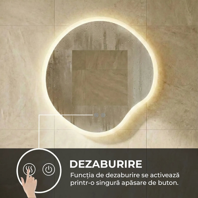 Oglindă baie LED 80x80 cm cu formă neregulată, 3 nuanțe de lumină, anti-aburire și touch control J-3018