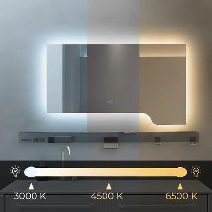 Oglindă baie LED 120x70 cm cu raft multifuncțional, 3 nuanțe de lumină, dezaburire și touch control J-3050