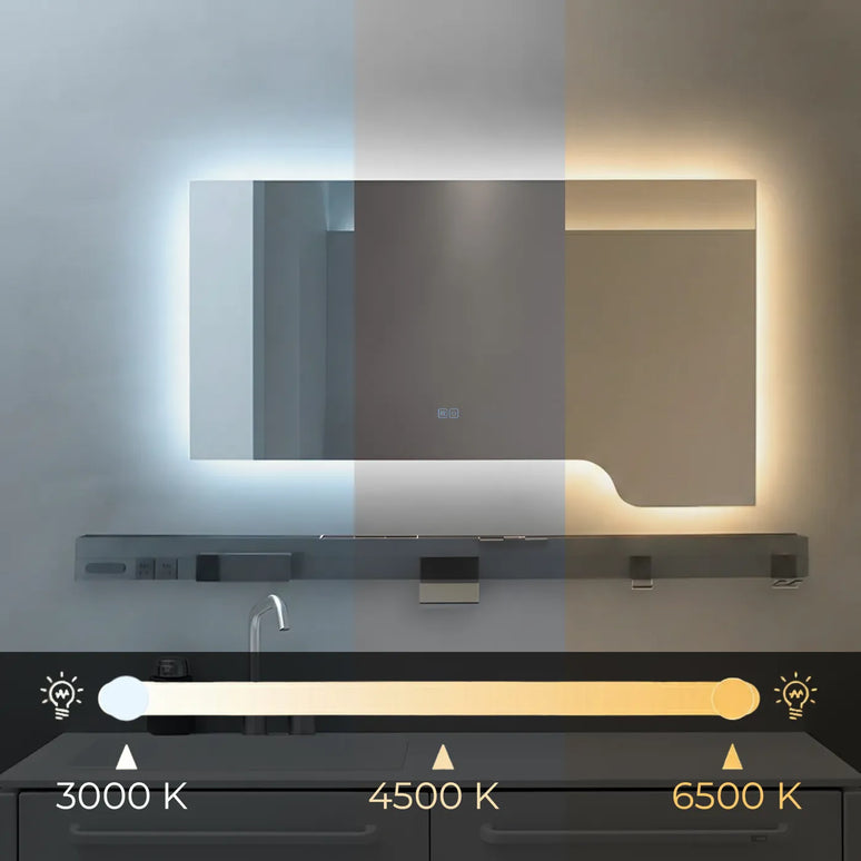 Oglindă baie LED 120x70 cm cu raft multifuncțional, 3 nuanțe de lumină, dezaburire și touch control J-3050