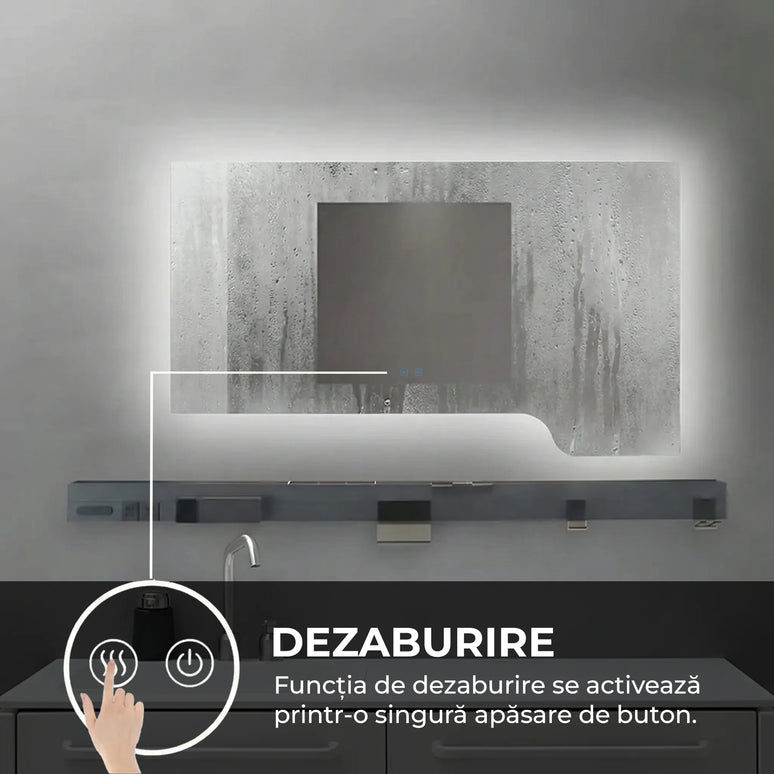 Oglindă baie LED 120x70 cm cu raft multifuncțional, 3 nuanțe de lumină, dezaburire și touch control J-3050