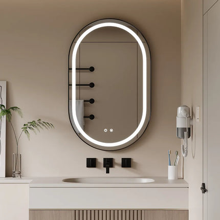 Oglindă LED H-3055 Negru cu bandă COB | 3 nuanțe de lumină & anti-aburire