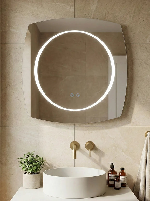 Oglindă baie LED 80x80 cm pătrată cu colțuri rotunjite, 3 nuanțe de lumină, dezaburire și touch control J-3075