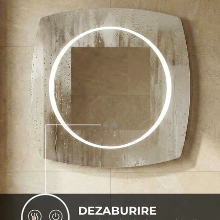 Oglindă baie LED 80x80 cm pătrată cu colțuri rotunjite, 3 nuanțe de lumină, dezaburire și touch control J-3075