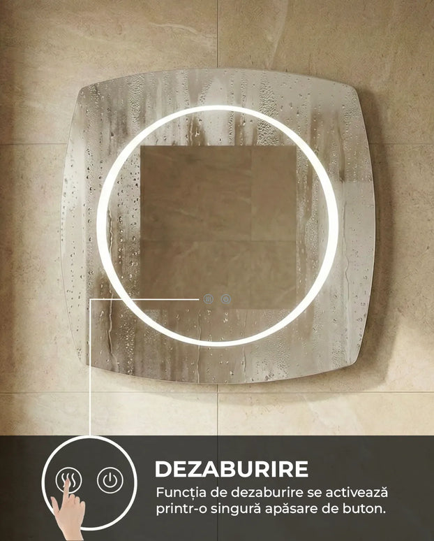 Oglindă baie LED 80x80 cm pătrată cu colțuri rotunjite, 3 nuanțe de lumină, dezaburire și touch control J-3075