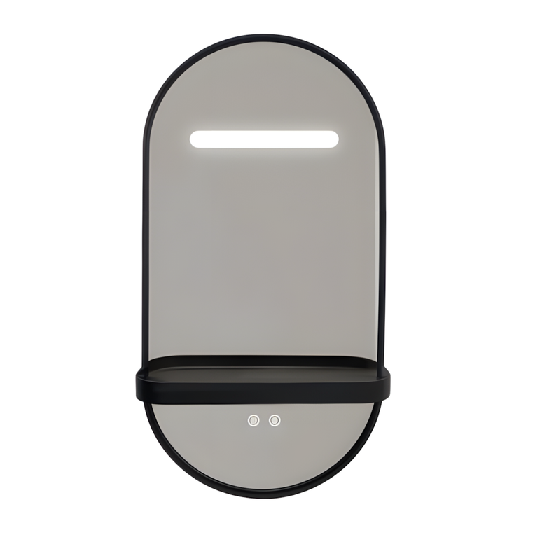 Oglindă LED Baie H-3086 cu Ramă și Raft Aluminiu Negru – Anti-aburire & 3 Lumini
