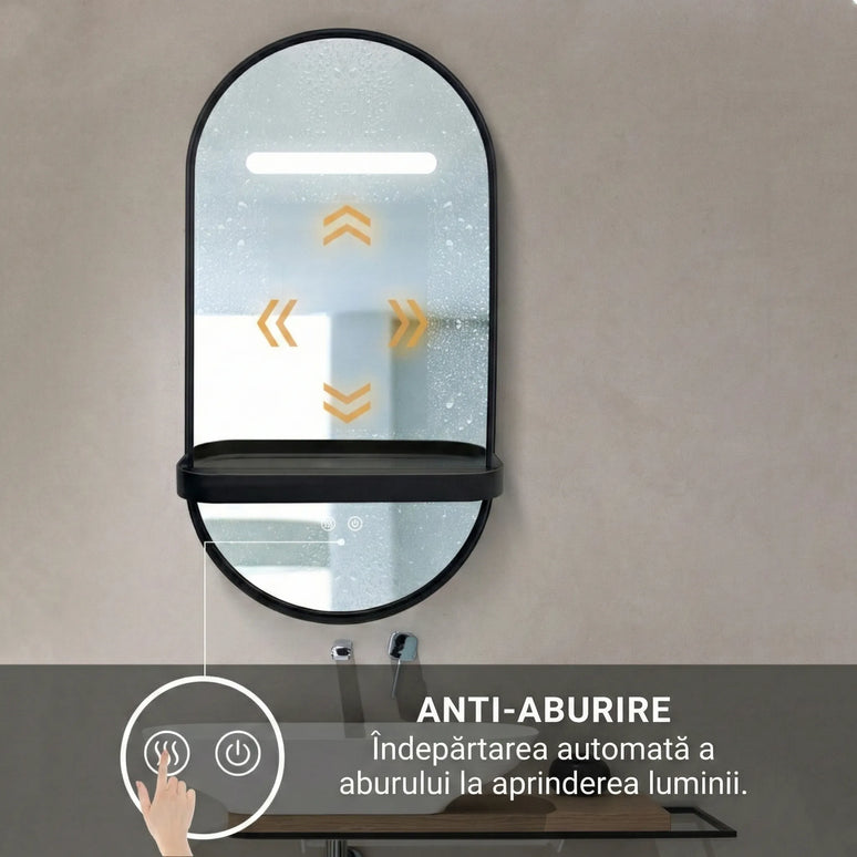 Oglindă baie LED 80x40 cm ovală, 3 nuanțe de lumină, anti-aburire și touch control J-3086
