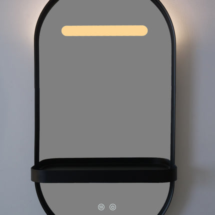 Oglindă LED Baie H-3086 cu Ramă și Raft Aluminiu Negru – Anti-aburire & 3 Lumini