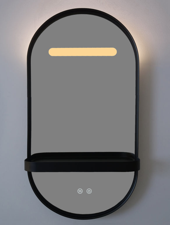 Oglindă LED Baie H-3086 cu Ramă și Raft Aluminiu Negru – Anti-aburire & 3 Lumini