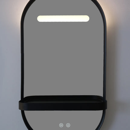 Oglindă LED Baie H-3086 cu Ramă și Raft Aluminiu Negru – Anti-aburire & 3 Lumini