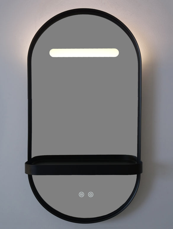 Oglindă LED Baie H-3086 cu Ramă și Raft Aluminiu Negru – Anti-aburire & 3 Lumini