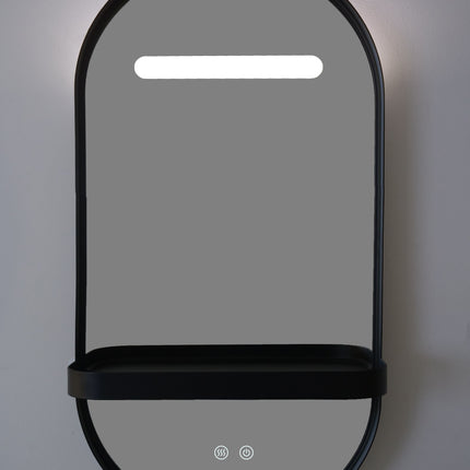 Oglindă LED Baie H-3086 cu Ramă și Raft Aluminiu Negru – Anti-aburire & 3 Lumini
