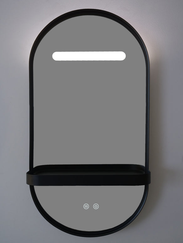 Oglindă LED Baie H-3086 cu Ramă și Raft Aluminiu Negru – Anti-aburire & 3 Lumini