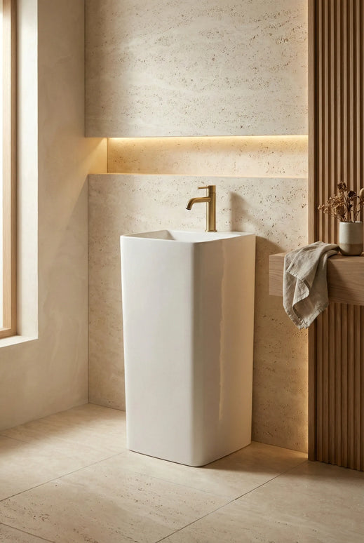 Lavoar freestanding ceramic H15 – alb lucios, formă pătrată cu linii verticale