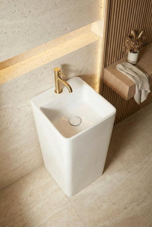 Lavoar freestanding ceramic H15 – alb lucios, formă pătrată cu linii verticale