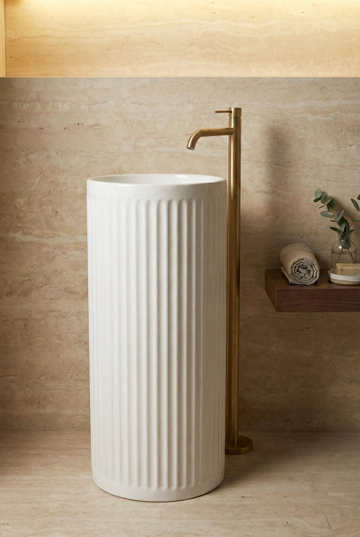 Lavoar freestanding ceramic H25B – alb lucios, design canelat vertical