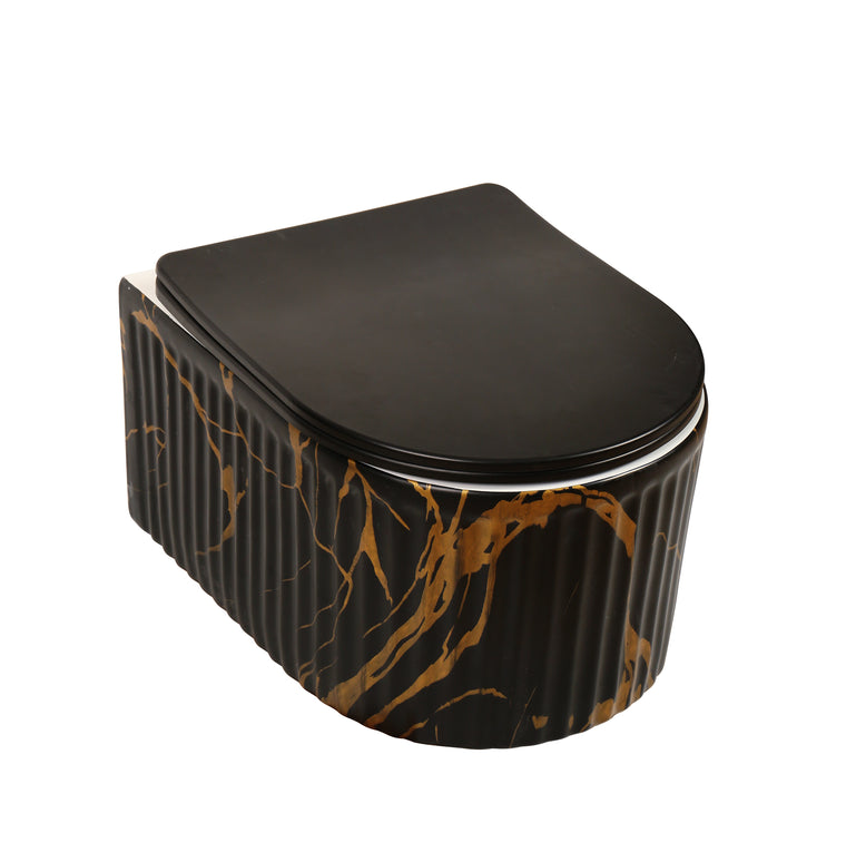 Vas WC Suspendat Rimless Negru Mat Marmurat cu Detalii Aurii