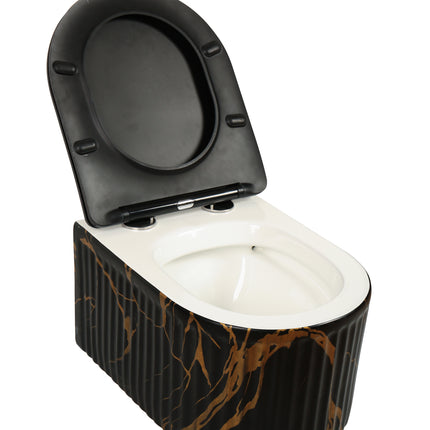 Vas WC Suspendat Rimless Negru Mat Marmurat cu Detalii Aurii