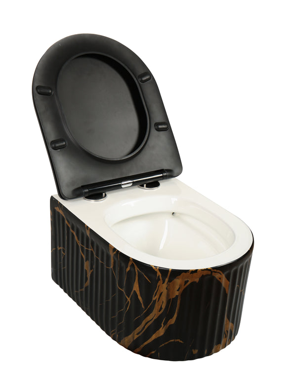 Vas WC Suspendat Rimless Negru Mat Marmurat cu Detalii Aurii