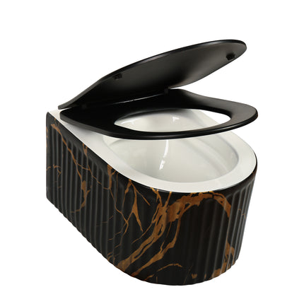 Vas WC Suspendat Rimless Negru Mat Marmurat cu Detalii Aurii