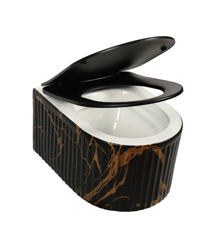 Vas WC Suspendat Rimless Negru Mat Marmurat cu Detalii Aurii