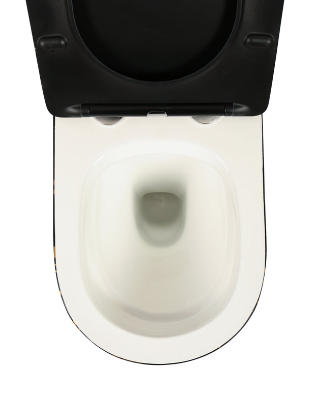 Vas WC Suspendat Rimless Negru Mat Marmurat cu Detalii Aurii