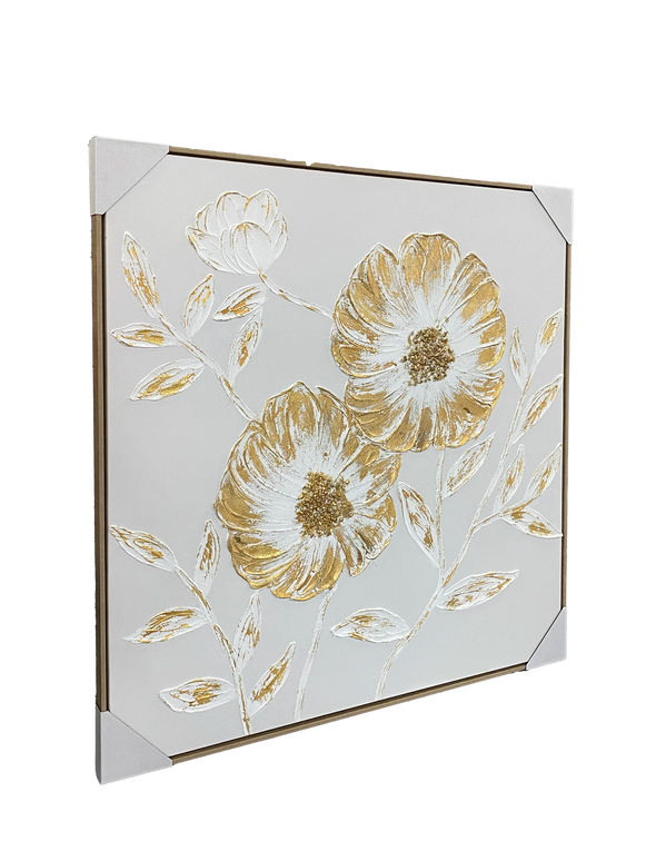 Tablou floral cu accente aurii și relief 3D – 100×100 cm | Olivy