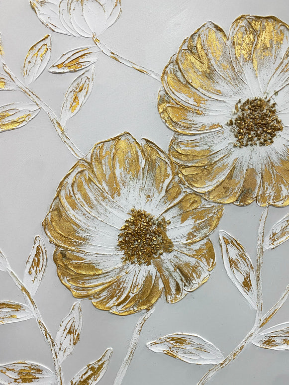 Tablou floral cu accente aurii și relief 3D – 100×100 cm | Olivy