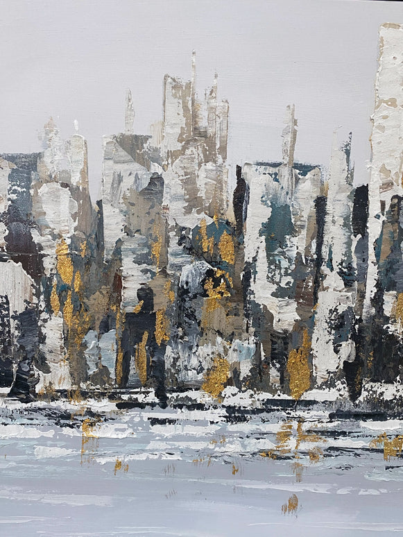 Tablou panoramic oraș auriu în relief – 70×140 cm | Olivy