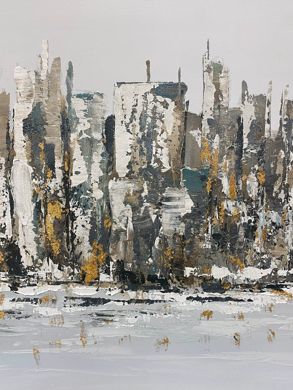 Tablou panoramic oraș auriu în relief – 70×140 cm | Olivy