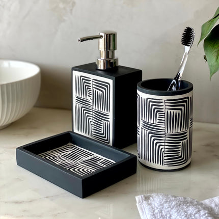 Set 3 piese accesorii de baie alb-negru geometric