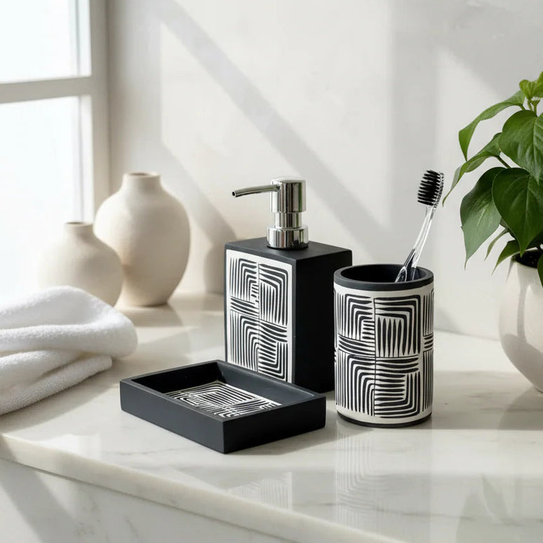 Set 3 piese accesorii de baie alb-negru geometric