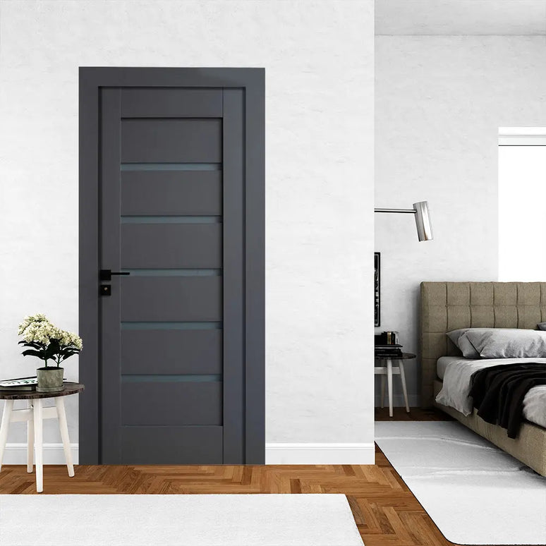 Ușă interior antracit JYA-006 cu toc reglabil – design vertical modern, complet echipată www.CasaDeco.ro