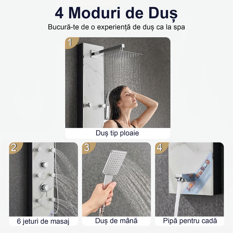 Panel de Duș Marble White – Design Premium cu Jeturi Multiple de Hidromasaj și Duș Fix