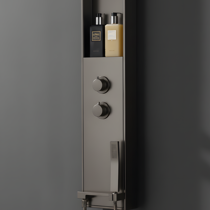 Panel de Duș Gun Metal – Design Minimalist cu Duș Fix, Rafturi Integrate și Duș de Mână