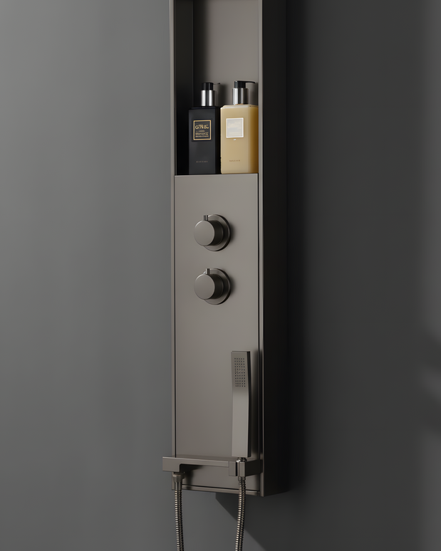 Panel de Duș Gun Metal – Design Minimalist cu Duș Fix, Rafturi Integrate și Duș de Mână
