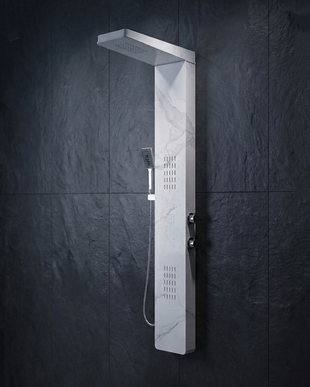 Panel de duș Marble White cu finisaj marmorat alb, duș tip ploaie, duș de mână și jeturi pentru hidromasaj.