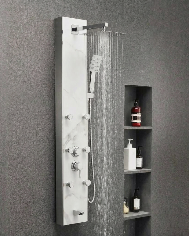 Panel de Duș Marble White – Design Premium cu Jeturi Multiple de Hidromasaj și Duș Fix