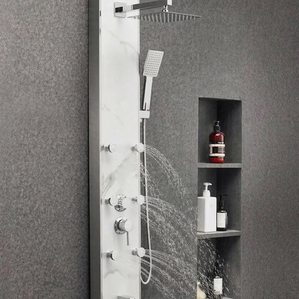 Panel de Duș Marble White – Design Premium cu Jeturi Multiple de Hidromasaj și Duș Fix