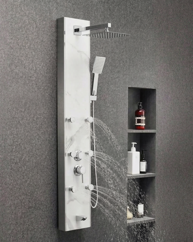 Panel de Duș Marble White – Design Premium cu Jeturi Multiple de Hidromasaj și Duș Fix