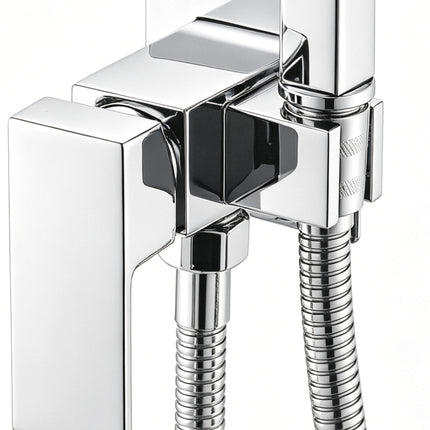 Set duș igienic JH-17131, finisaj crom, cu baterie monocomandă geometrică, pară de duș dreptunghiulară, suport integrat și furtun flexibil