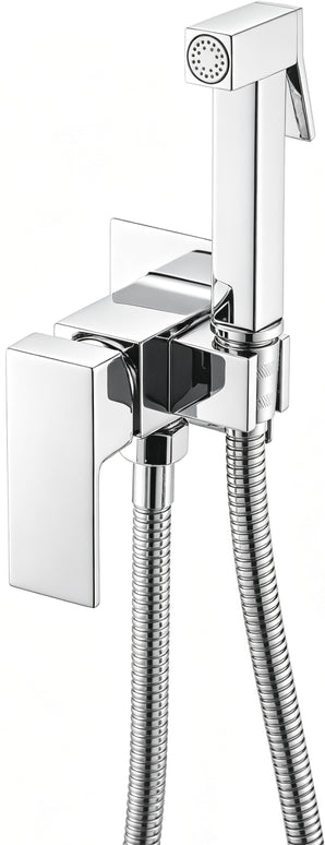 Set duș igienic JH-17131, finisaj crom, cu baterie monocomandă geometrică, pară de duș dreptunghiulară, suport integrat și furtun flexibil