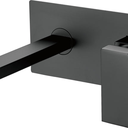 Baterie încastrată pentru lavoar JH-18122, finisaj negru mat, cu pipă dreaptă, manetă monocomandă și placă decorativă dreptunghiulară