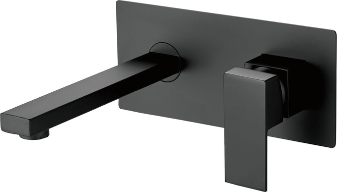 Baterie încastrată pentru lavoar JH-18122, finisaj negru mat, cu pipă dreaptă, manetă monocomandă și placă decorativă dreptunghiulară