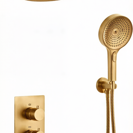Set de duș încastrat termostatic JH-19196, finisaj auriu periat, cu duș fix rotund, pară de duș și baterie cu trei comenzi