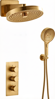 Set de duș încastrat termostatic JH-19196, finisaj auriu periat, cu duș fix rotund, pară de duș și baterie cu trei comenzi