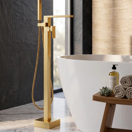 Baterie cadă freestanding JH-9001 cu duș de mână – auriu periat